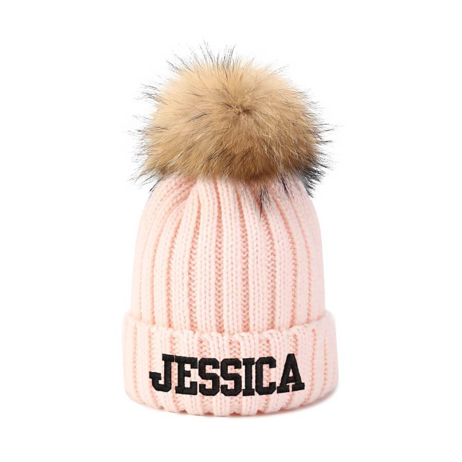 Personalized Pompom Embroidery Beanie Hat - Custom Text