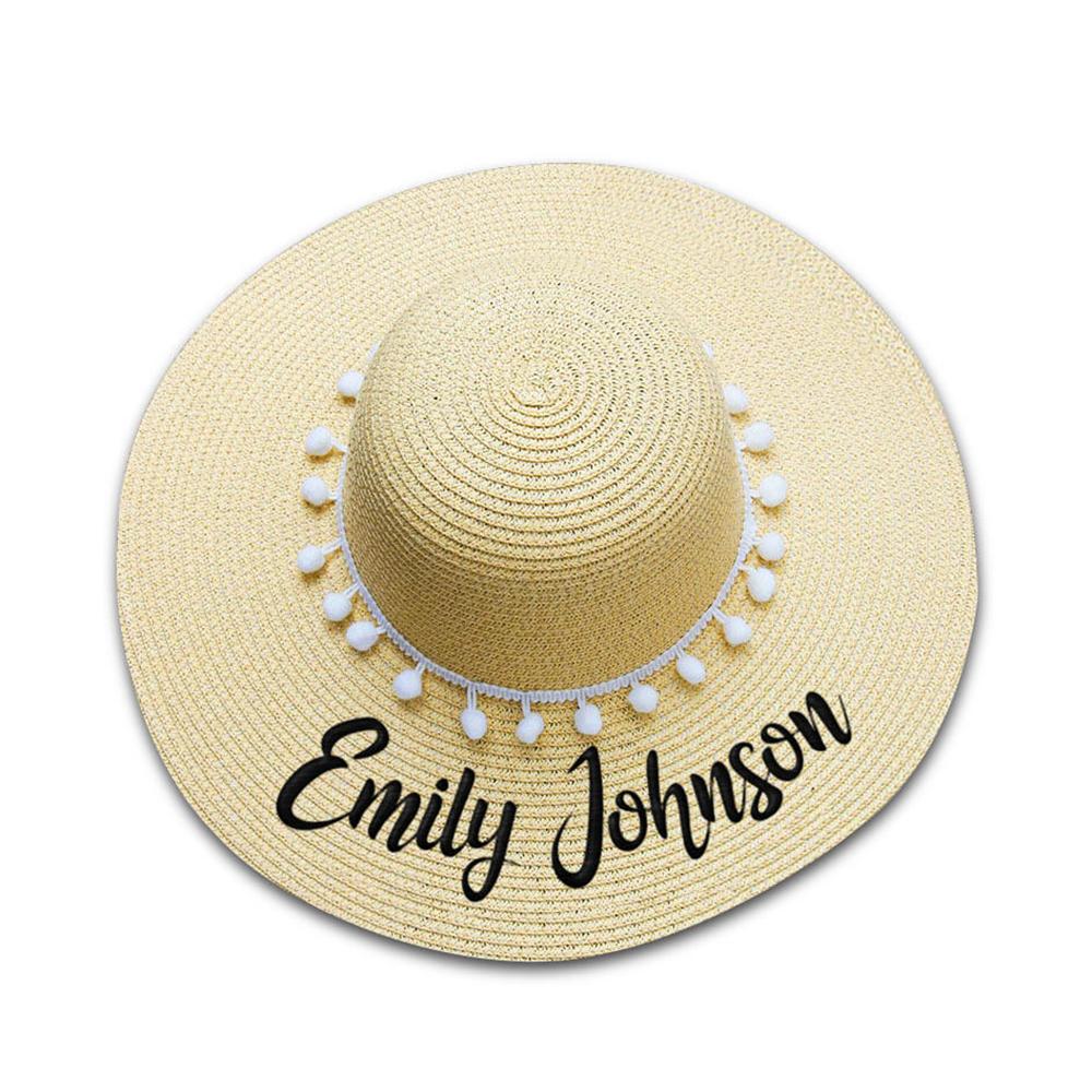 Custom Embroidery Floppy Beach Hat - White Pompoms