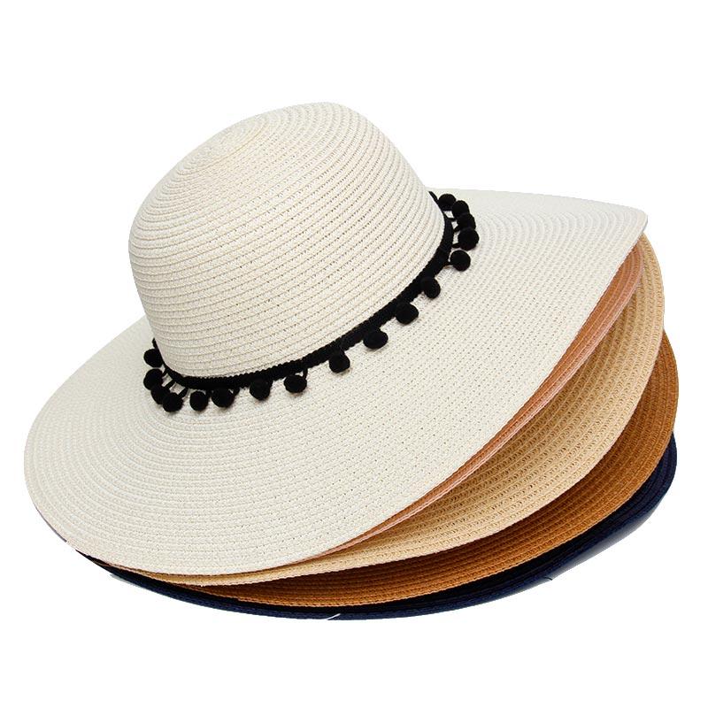 Custom Embroidery Floppy Beach Hat - White Pompoms