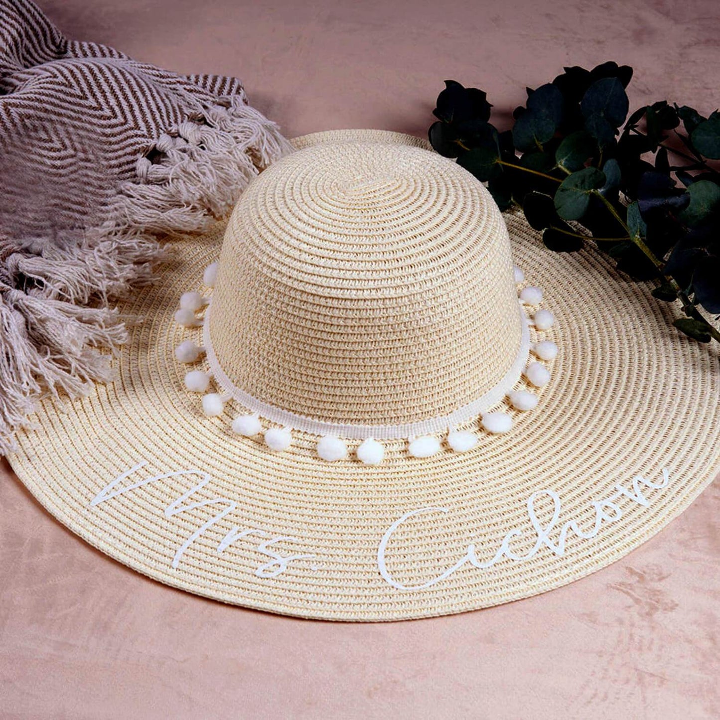 Custom Embroidery Floppy Beach Hat - White Pompoms