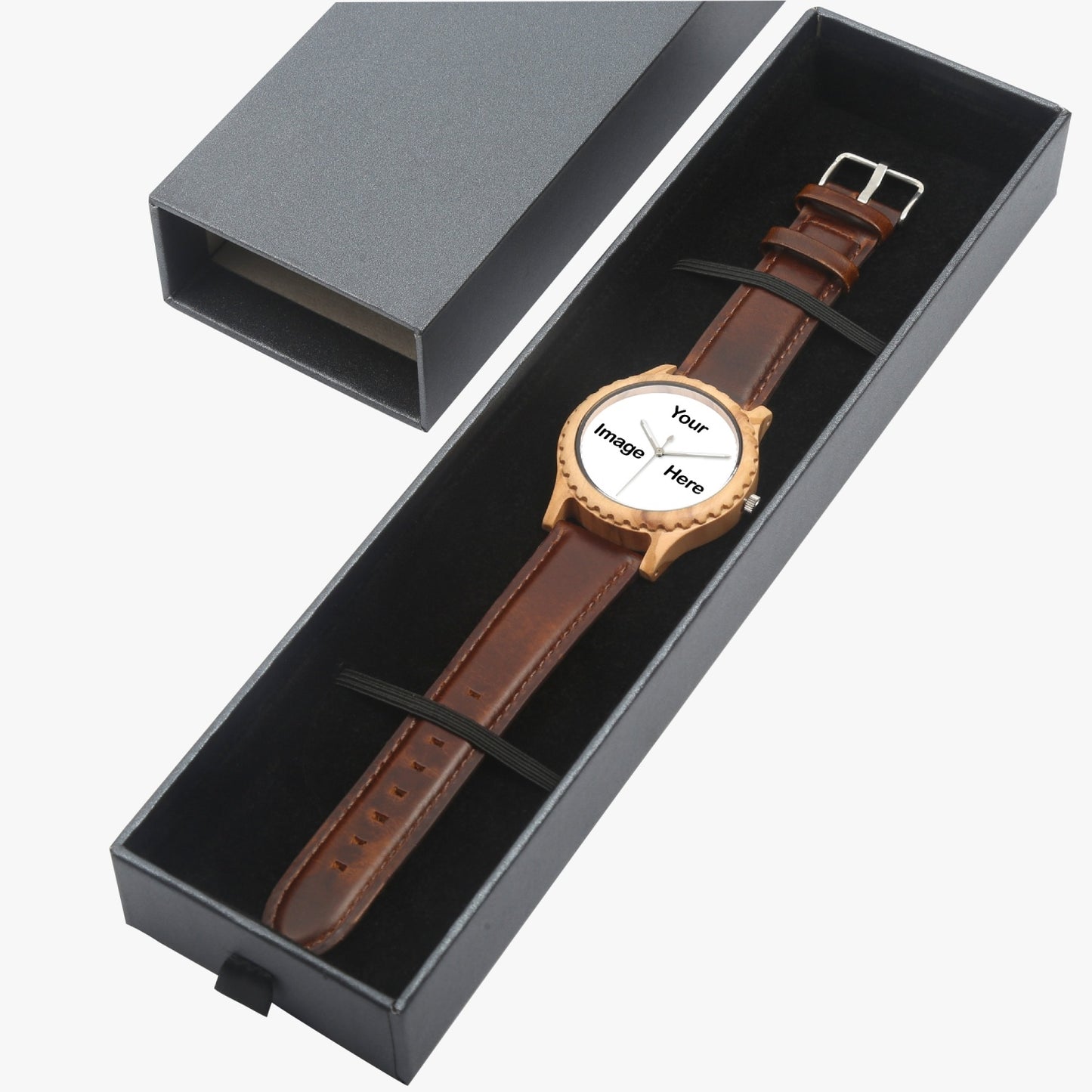 Personalized Photo Italian Olive Lumber Wooden Watch - Leather Strap