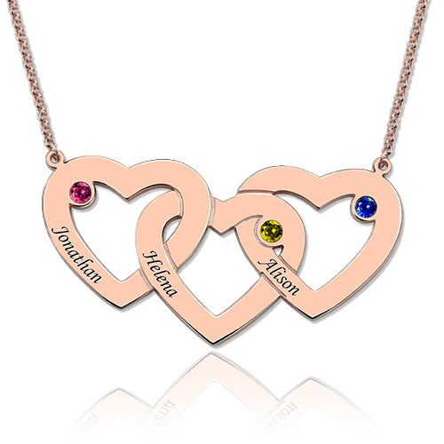 Intertwined 3 Hearts & Birthstones Name Necklace In Gold