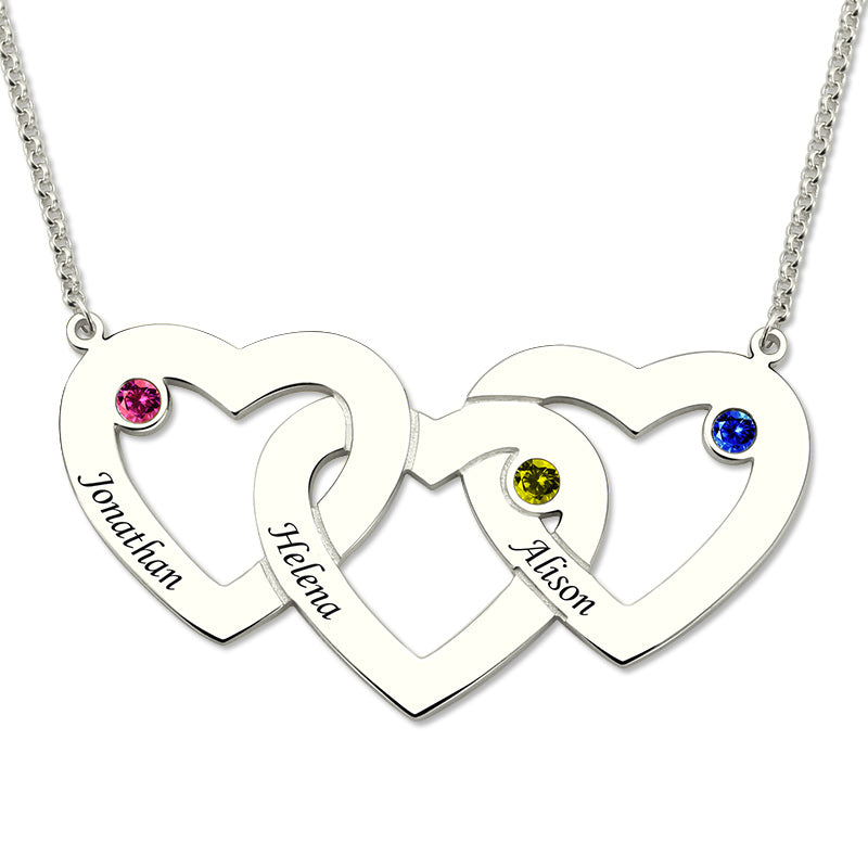 Intertwined 3 Hearts & Birthstones Name Necklace In Gold