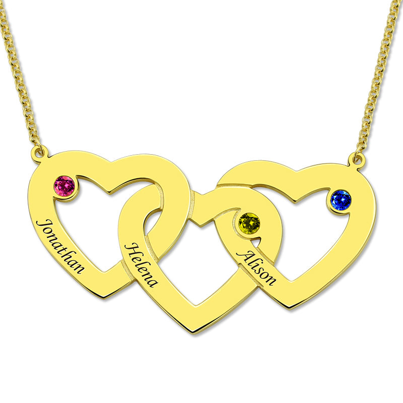 Intertwined 3 Hearts & Birthstones Name Necklace In Gold