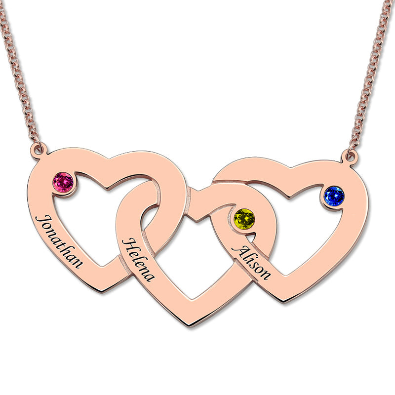 Intertwined 3 Hearts & Birthstones Name Necklace In Gold