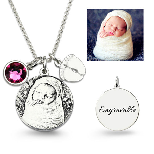 SAVONI Birthstone Photo-Engraved Necklace with Baby Feet