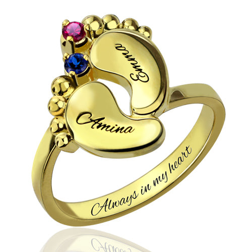 Engraved 2 Baby Feet Ring With Birthstone