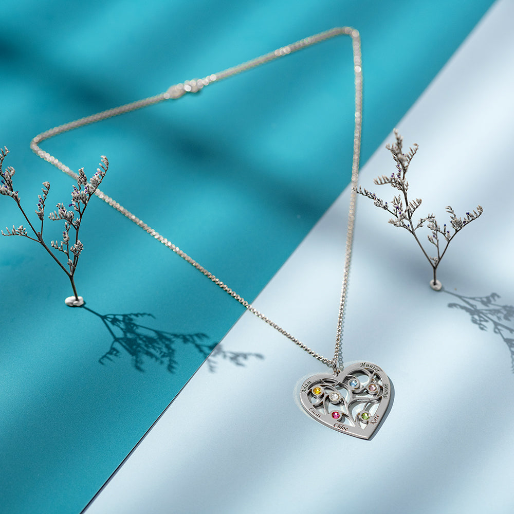 Heart Family Tree Necklace Engraved with Name & Births