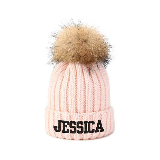 Personalized Pompom Embroidery Beanie Hat - Custom Text