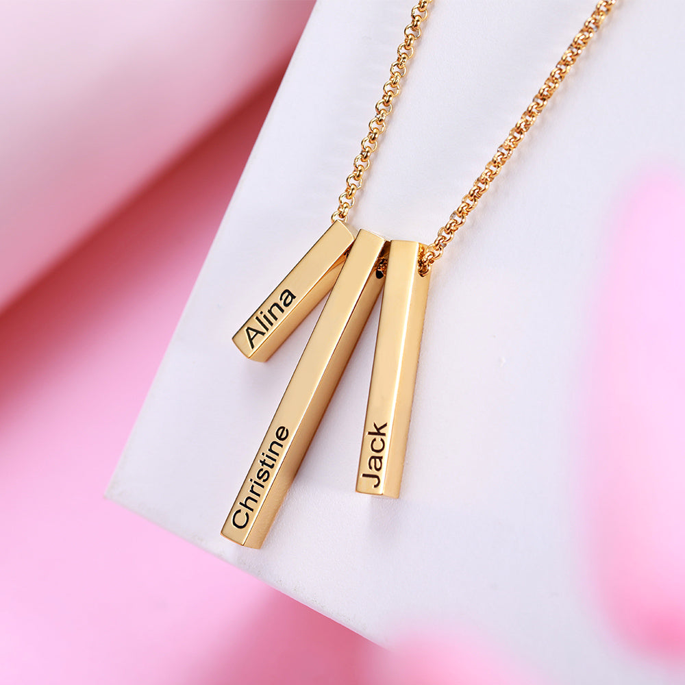Engraved Triple 3D Vertical Bar Necklace Stainless Steel