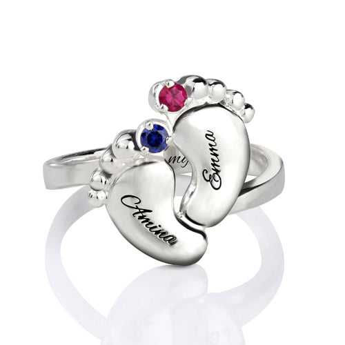 Engraved 2 Baby Feet Ring With Birthstone
