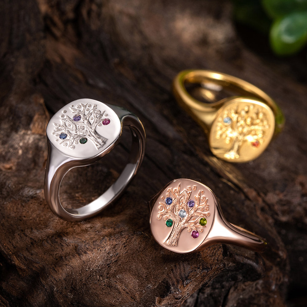 Personalized Family Tree Birthstone Signet Ring