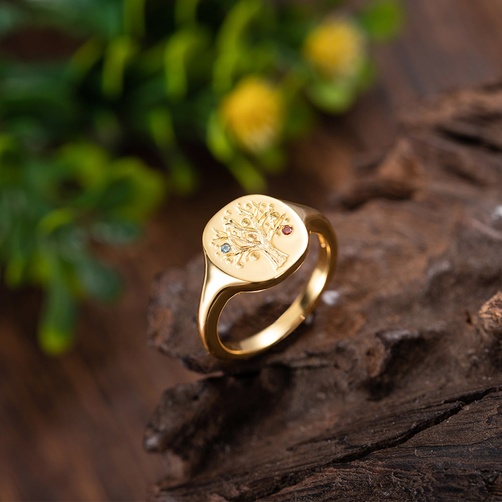 Personalized Family Tree Birthstone Signet Ring