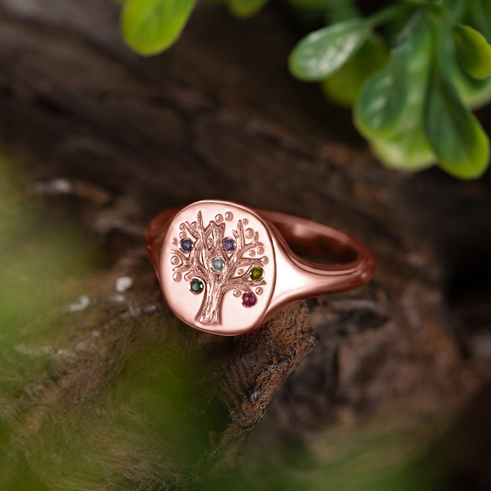 Personalized Family Tree Birthstone Signet Ring