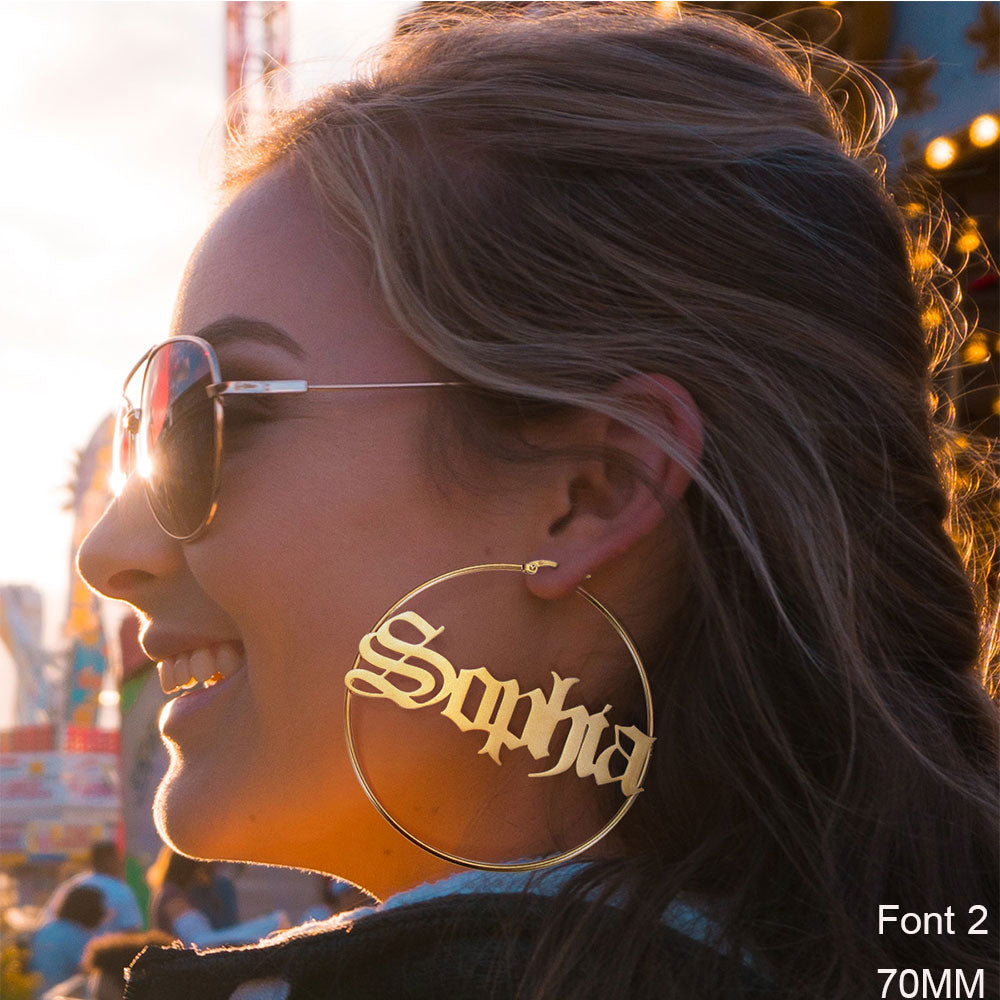 Personalized Name Hoop Earrings - Old English Text