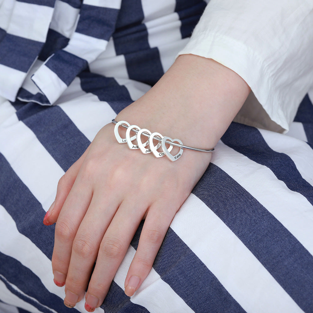 Personalized Bangle Bracelet with Heart Pendants in Brass