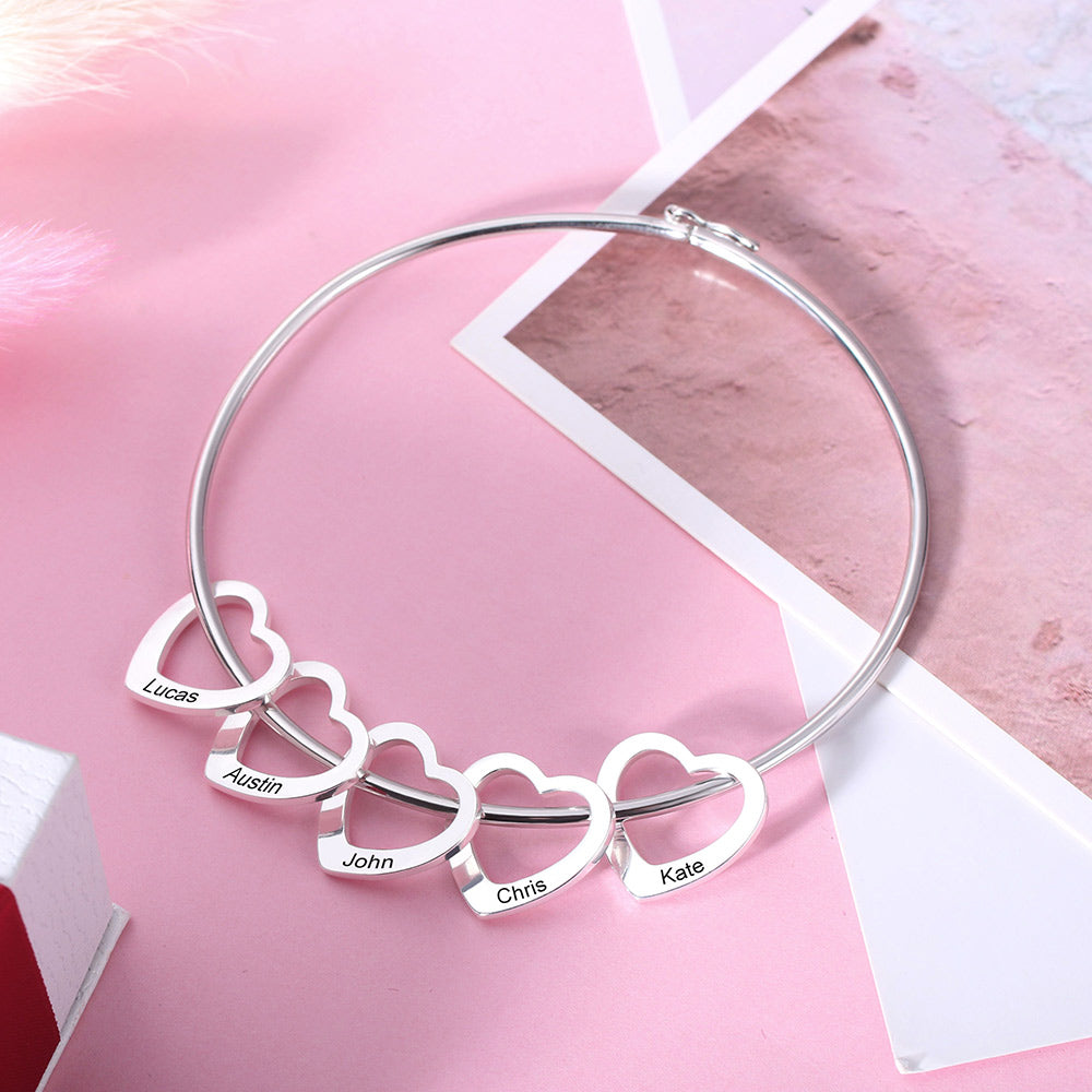 Personalized Bangle Bracelet with Heart Pendants in Brass