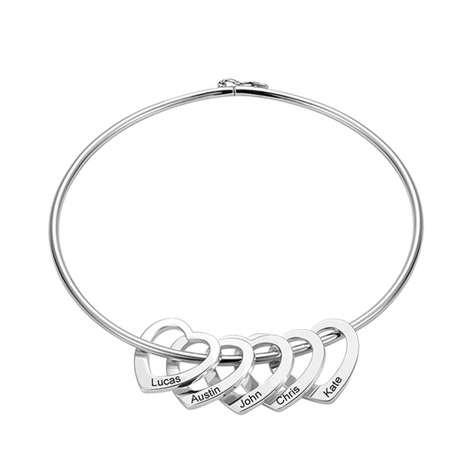 Personalized Bangle Bracelet with Heart Pendants in Brass