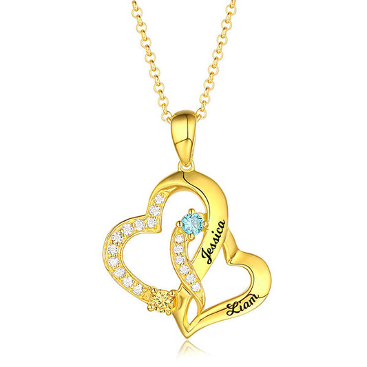 Personalized Double Heart Necklace with 2 Names & Birthstones Sterling Silver