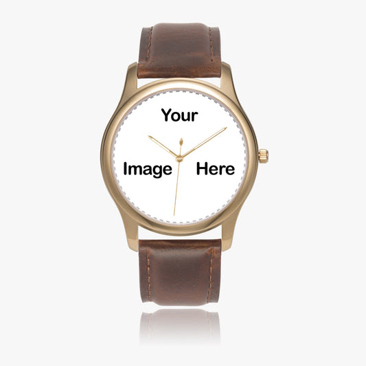 Personalized Photo Stylish Leather Strap Classic Quartz Watch (Gold)