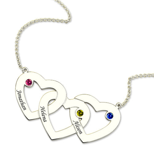 Intertwined 3 Hearts & Birthstones Name Necklace In Gold