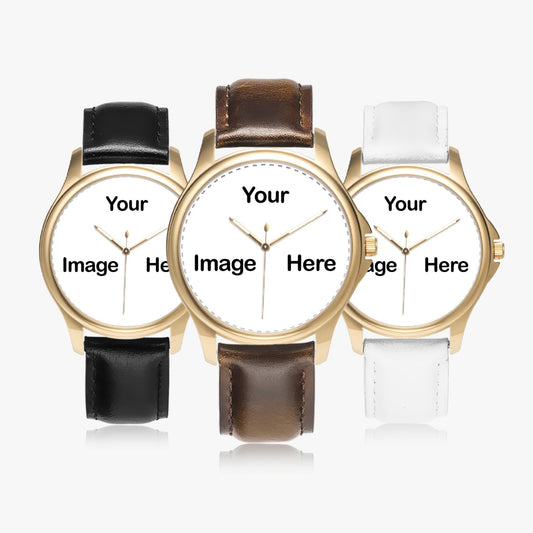 Personalized Photo Stylish Classic Leather Strap Quartz Watch (Gold)
