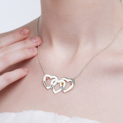Intertwined 3 Hearts & Birthstones Name Necklace In Gold