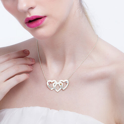 Intertwined 3 Hearts & Birthstones Name Necklace In Gold